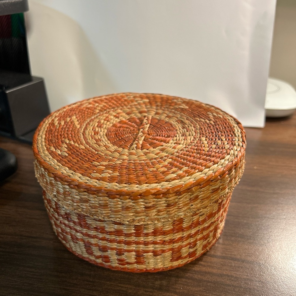 Vintage Handwoven Natural and Orange Lidded Basket